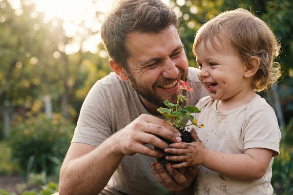 Un père caucasien souriant et son petit garçon tiennent un jeune plant de fleurs en pot dans le jardin. Jardinage en famille et respect de la nature. Sensibilisation de l'enfant à l'environnement